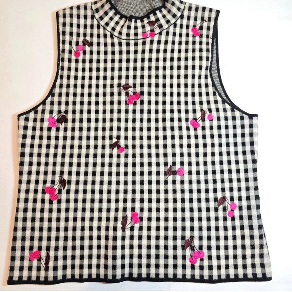 Maeve Anthropologie Sweater Vest Women’s Gingham Embroidered Cherries Large - Picture 13 of 14
